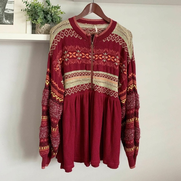 NEW Free People Fair Isle Cozy Cottage Sweater M Pullover Tunic Bell Sleeves Top - Picture 9 of 16